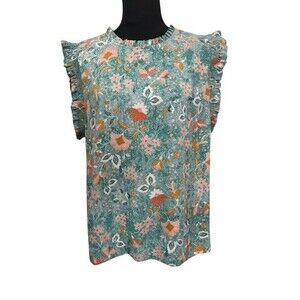 DR2 Womens Blouse Size Extra Large Green Floral Ruffle Sleeve Neckline Keyhole